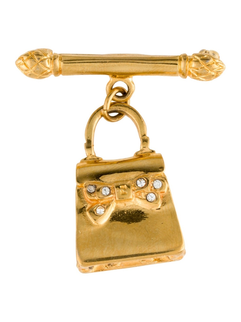 Authentic Vintage Fendi Bow Tie Handbag Stone Glossy Gold Drop Dangle Brooch Pin